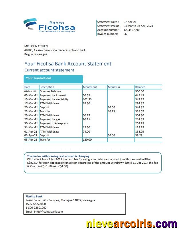 Nicaragua Banco Ficohsa excel pdf